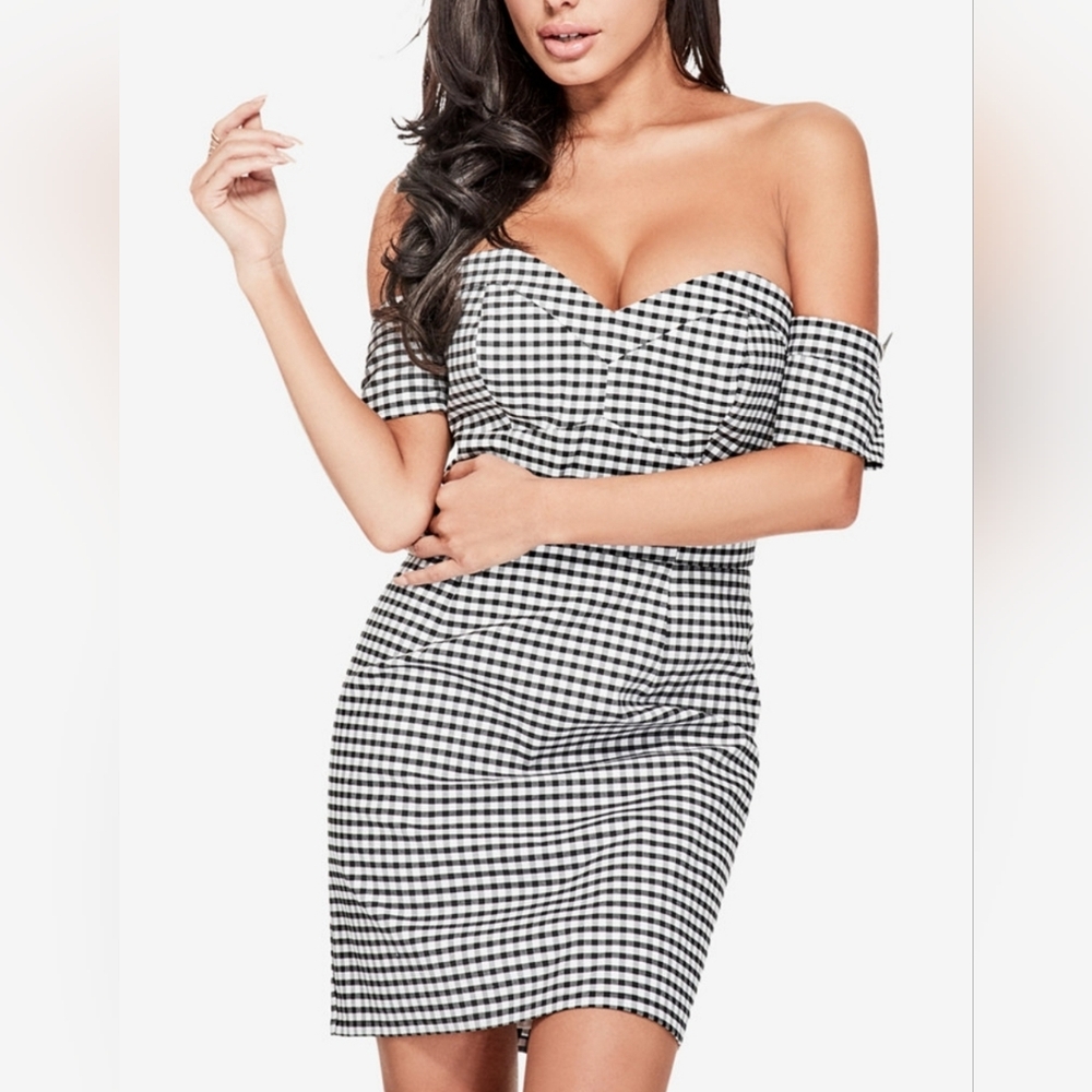 Off-Shoulder Gingham Bodycon Fitted Mini Dress - Black/White